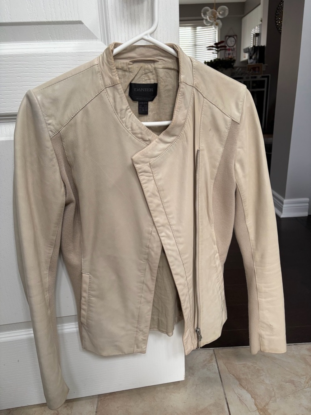 Danier Women's Cream Leather Asymmetrical Zip Jacket - Light Beige US 2XS
